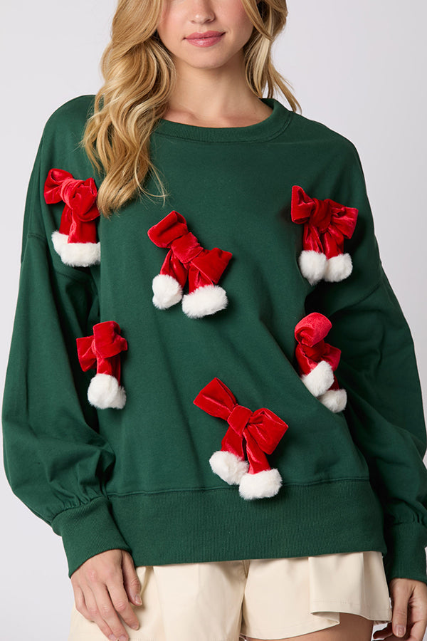 Velina Moda | Christmas Bow Decorated Casual Long Sleeve Sweatshirt