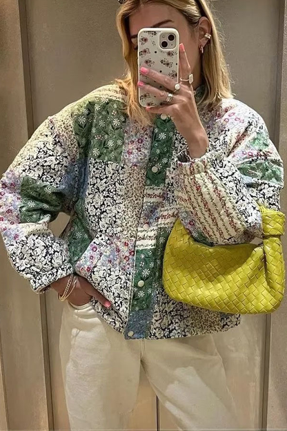Velina Moda | Stand Collar Long Sleeve Floral Pattern Cotton Jacket