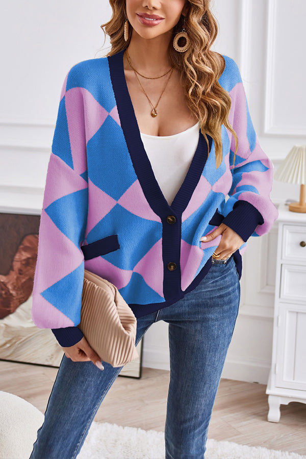 Velina Moda | Neck Geometric Patchwork Contrasting Knit Cardigan Casual Loose Jacket