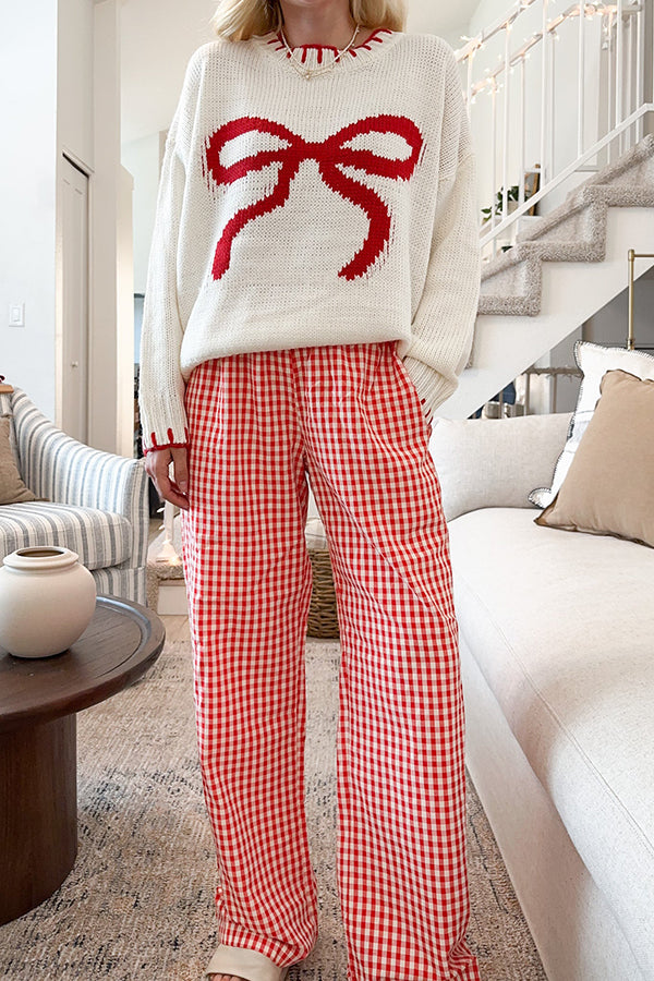 Velina Moda | Christmas Bow Contrast Color Included Edge Long Sleeve Knitted Sweater