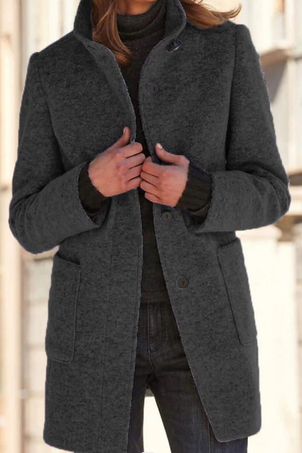 Velina Moda | Solid Color Button Stand Collar Wool Jacket