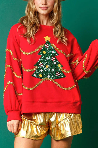 Velina Moda | Christmas Tree Sequins Long Sleeve Loose Sweatshirt