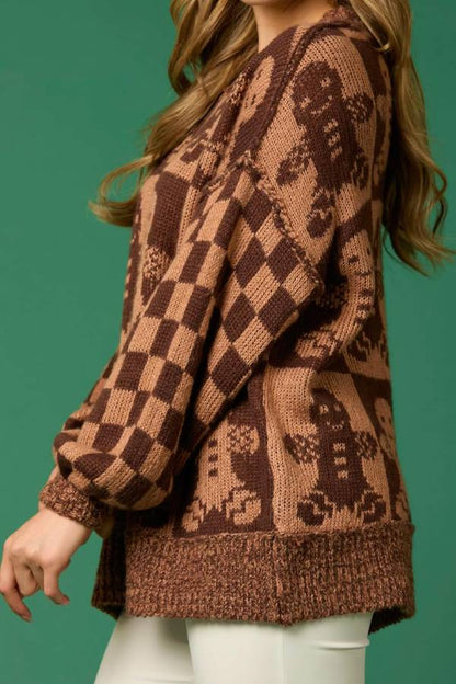 Velina Moda | Christmas Gingerbread Man Crew Neck Long Sleeve Loose Knit Sweater