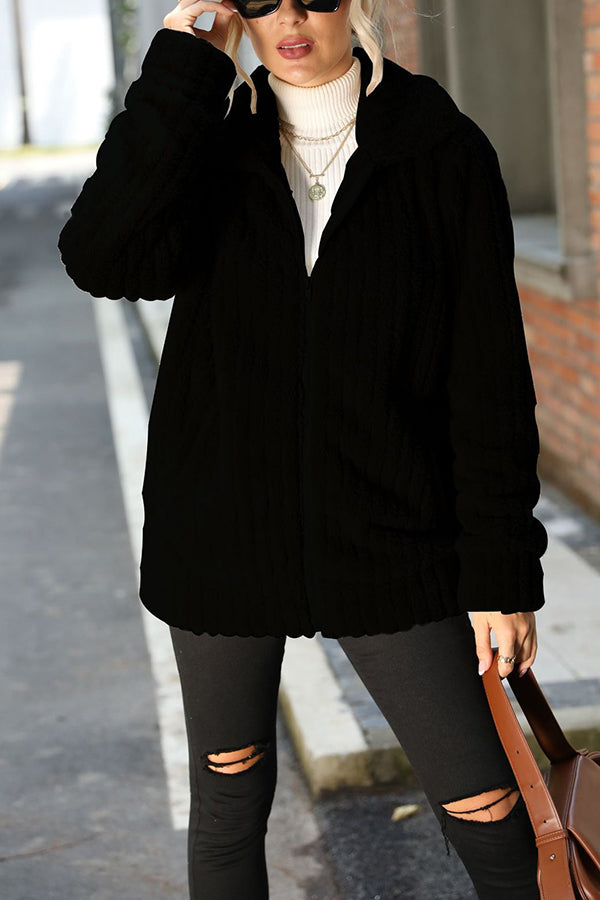 Velina Moda | Collar Zipper Long Sleeve Solid Mid-Length Reversible Plush Jacket