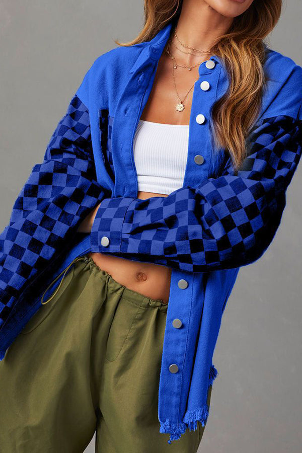 Velina Moda | Loose Casual Checked Contrasting Raw Edge Denim Jacket