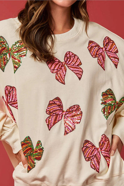Velina Moda | Christmas Bow Sequin Loose Casual Long Sleeve Sweatshirt