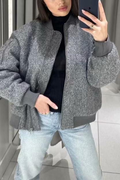 Velina Moda | Collarless Long Sleeve Ribbed Flight Jacket