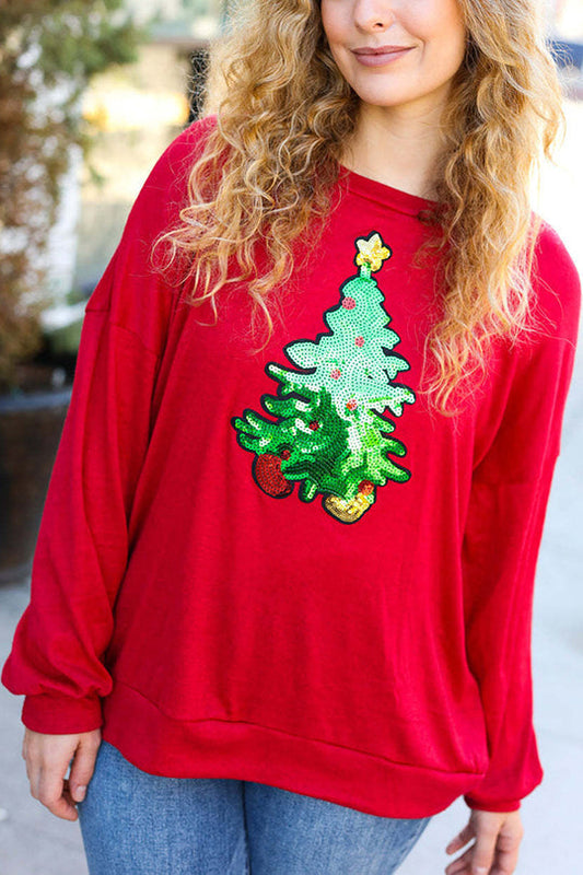 Velina Moda | Christmas Tree Holiday Sequins Casual Loose Sweatshirt