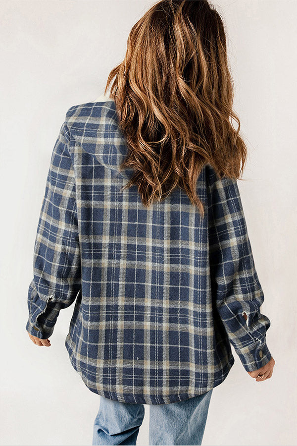 Velina Moda | Button Sherpa Lined Hooded Flannel Jacket