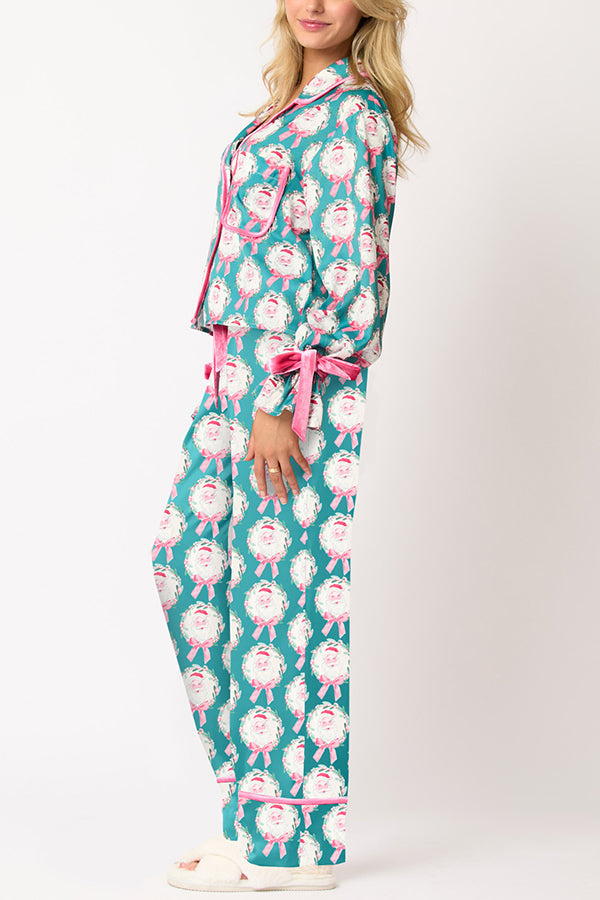 Velina Moda | Christmas Printed Velour Lacing Long Sleeve Pocket Top and Elastic Waist Pants Set