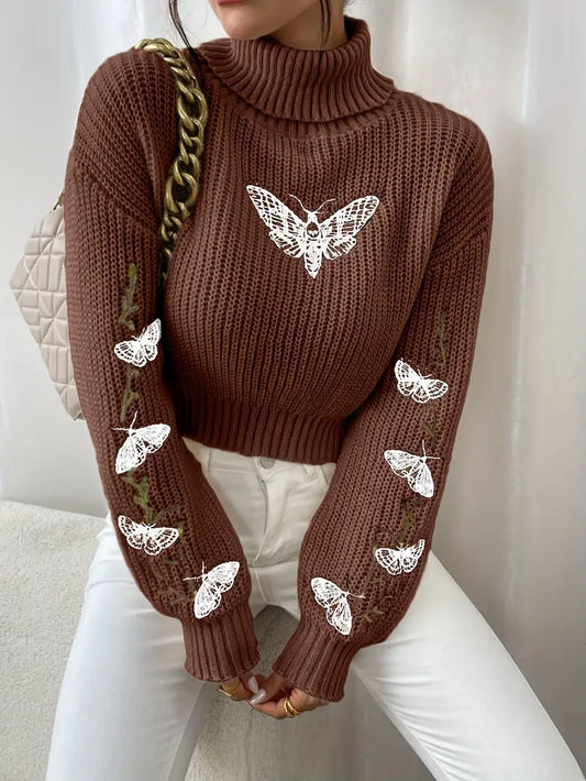 Velina Moda | Sweater with butterfly pattern and high collar - Elegant women's fashion