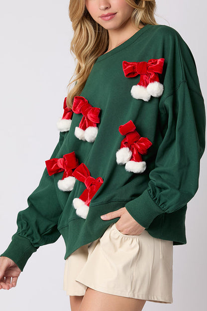 Velina Moda | Christmas Bow Decorated Casual Long Sleeve Sweatshirt