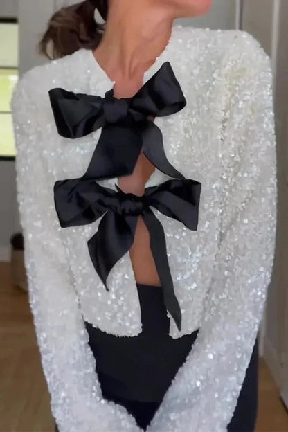Velina Moda | Options To Celebrate, Tie Front Bow Sequin Jacket