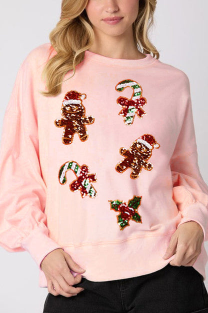 Velina Moda | Christmas Gingerbread Man Sequin Casual Long Sleeve Sweatshirt