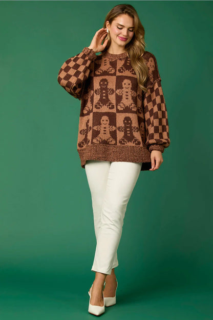 Velina Moda | Candy Cane Christmas Pins & Gingerbread Man Knit Sweater
