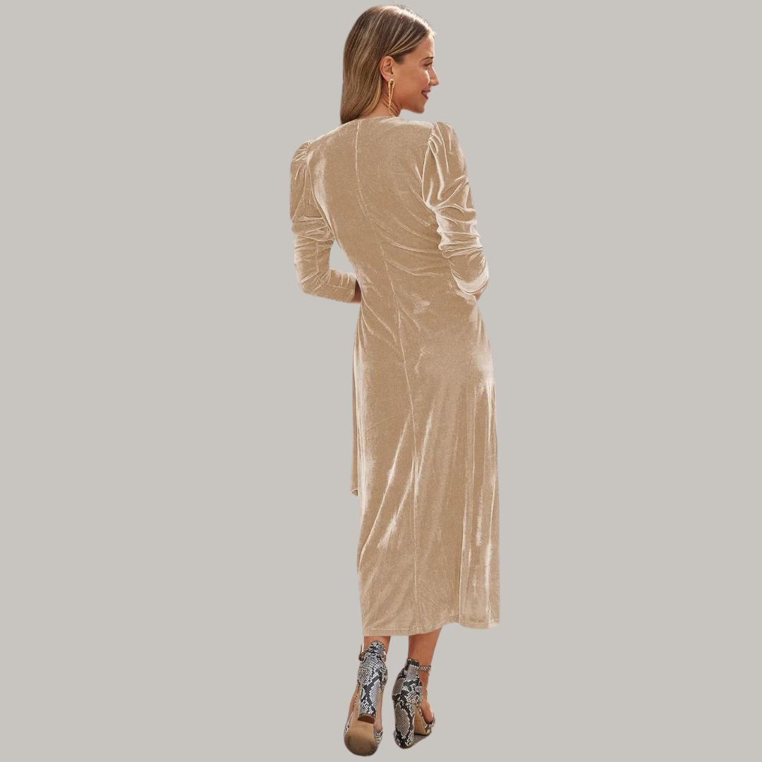 Long midi wrap dress in velvet with puff sleeves