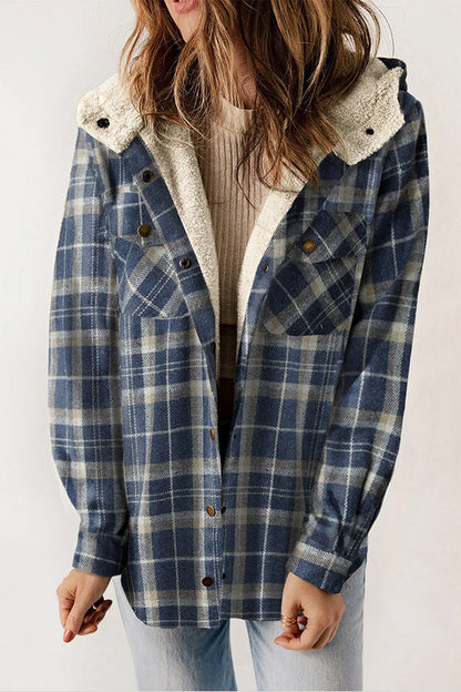Velina Moda | Button Sherpa Lined Hooded Flannel Jacket