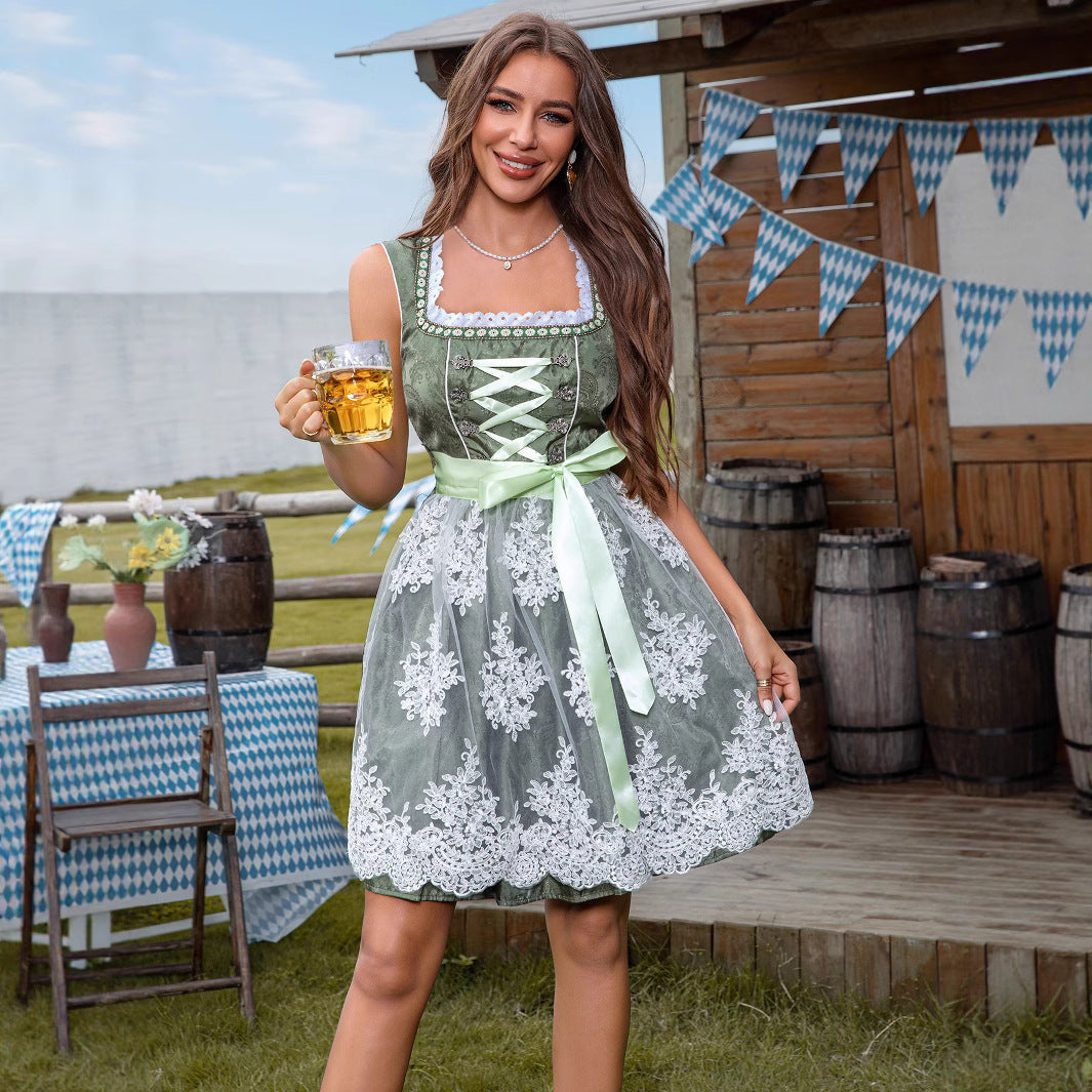 Green dirndl with floral lace and satin bow