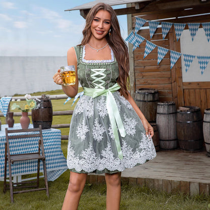 Green dirndl with floral lace and satin bow