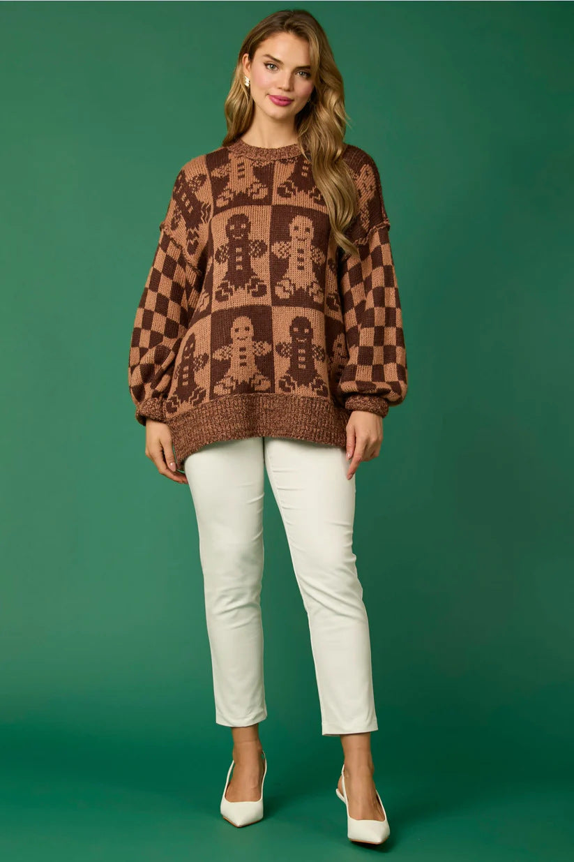 Velina Moda | Candy Cane Christmas Pins & Gingerbread Man Knit Sweater