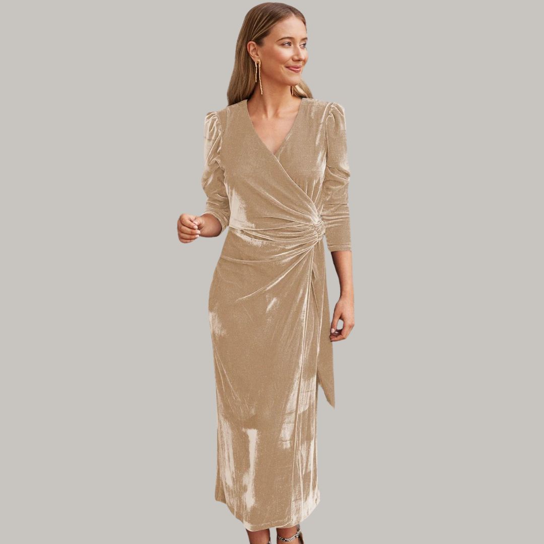 Long midi wrap dress in velvet with puff sleeves