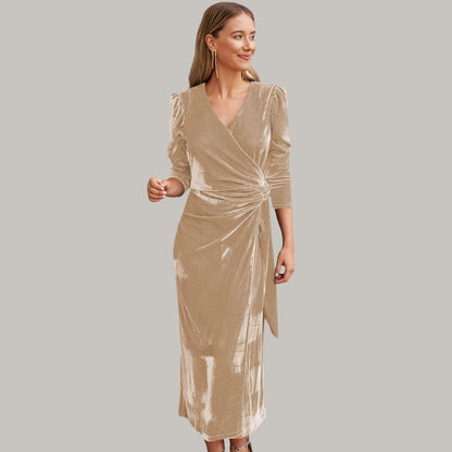 Long midi wrap dress in velvet with puff sleeves