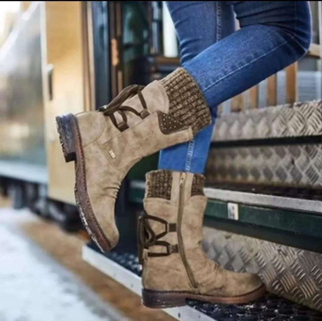 Winter Boots with Laces, Side Zipper, and Knit Cuff