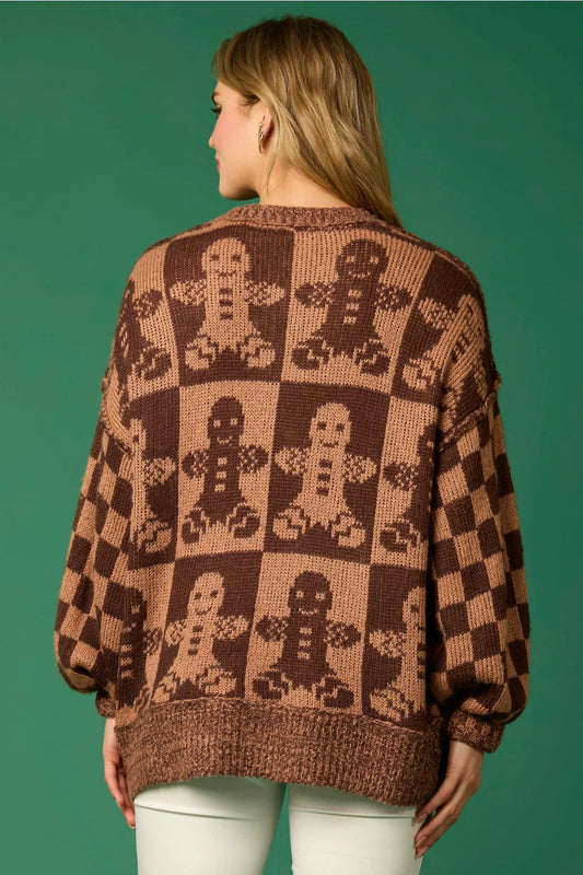 Velina Moda | Candy Cane Christmas Pins & Gingerbread Man Knit Sweater