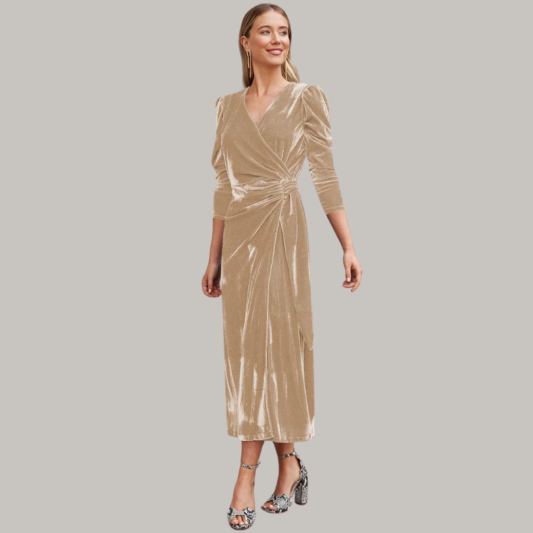 Long midi wrap dress in velvet with puff sleeves