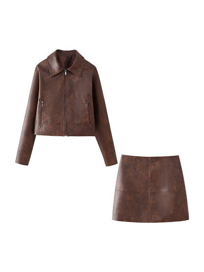Velina Moda | Leather Jacket & Short Skirt Coordination Set