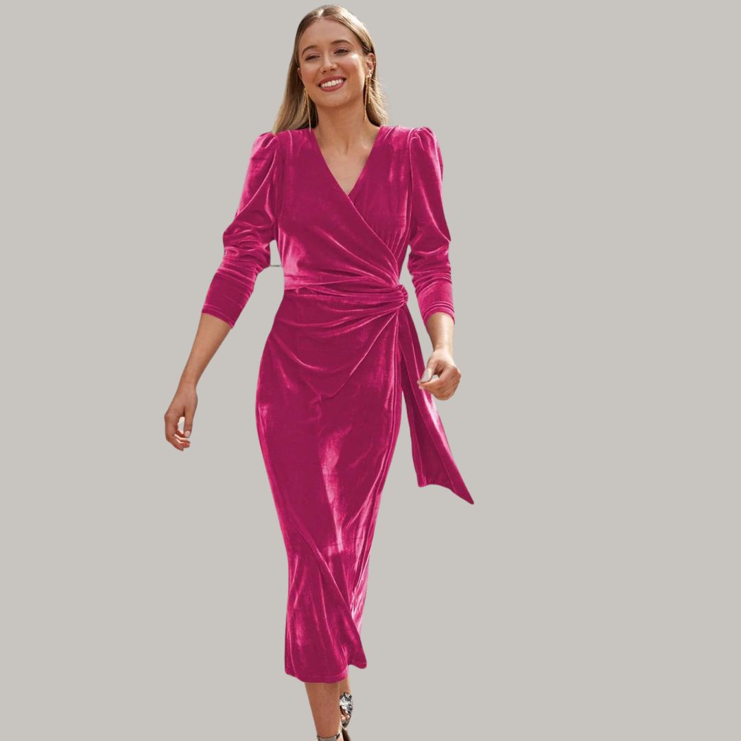 Long midi wrap dress in velvet with puff sleeves