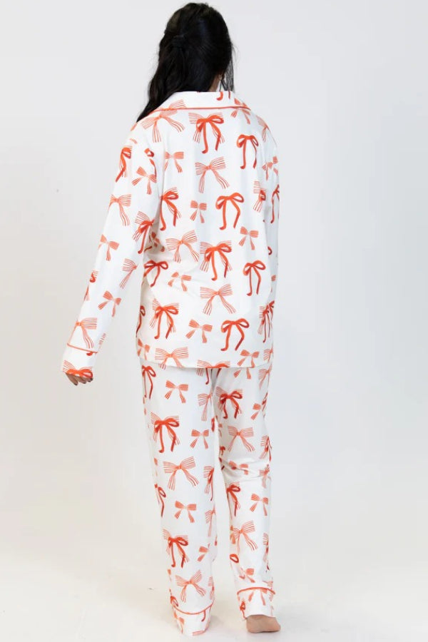 Velina Moda | Christmas Bow Print Long Sleeve Shirt and Elastic Waist Pocket Pants Set