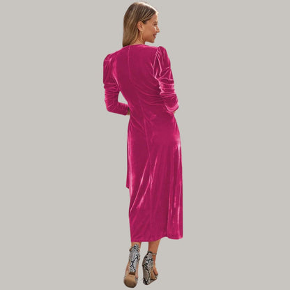 Long midi wrap dress in velvet with puff sleeves