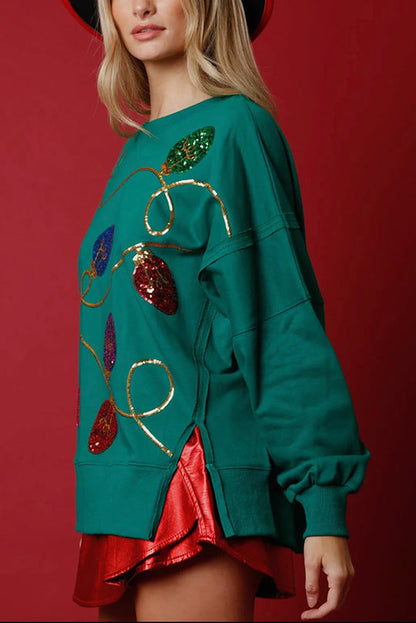 Velina Moda | Christmas Lights Sequins Slit Pullover Sweatshirt