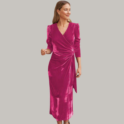 Long midi wrap dress in velvet with puff sleeves