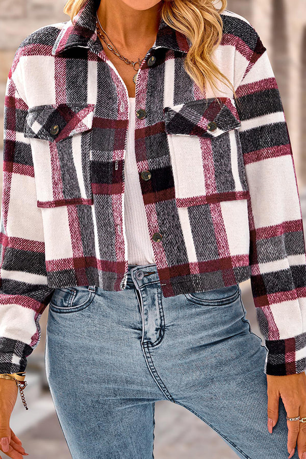 Velina Moda | Pocket Fashion Casual Cropped Women'S Checkered Jacket