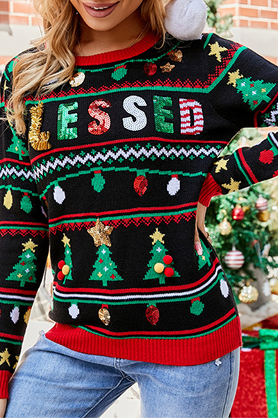 Velina Moda | Casual Letter Christmas Tree Print Sequin Split Joint O Neck Tops