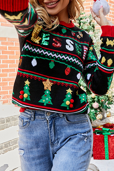 Velina Moda | Casual Letter Christmas Tree Print Sequin Split Joint O Neck Tops