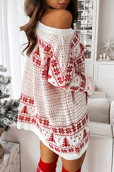 Velina Moda | Casual Wapiti Snowflake Christmas Tree Printed Patchwork Contrast O-Neck Dresses Sweater