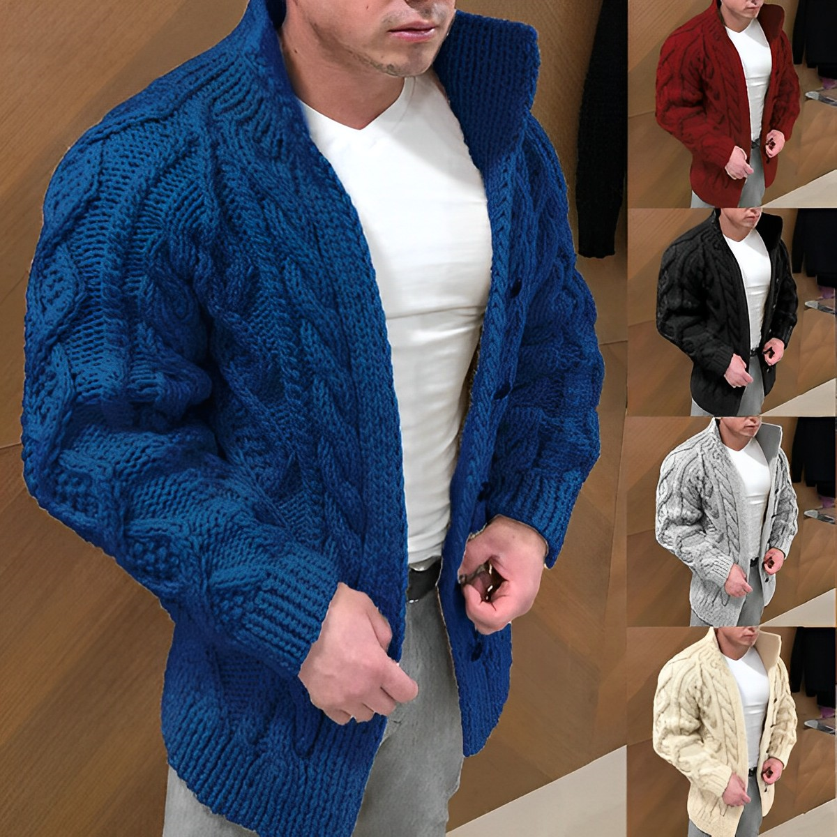 Warm knit cardigan with cable knit pattern