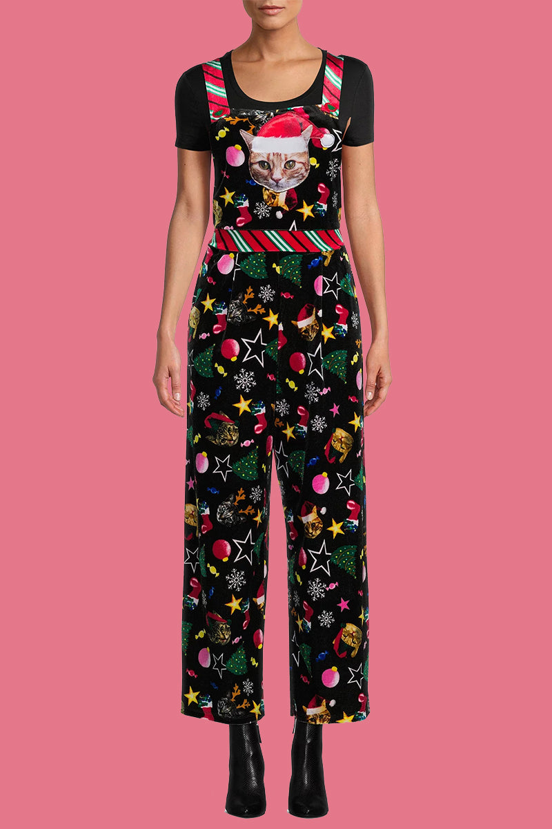 Velina Moda | Casual Wapiti Snowflake Christmas Tree Printed Patchwork Square Collar Loose Overalls