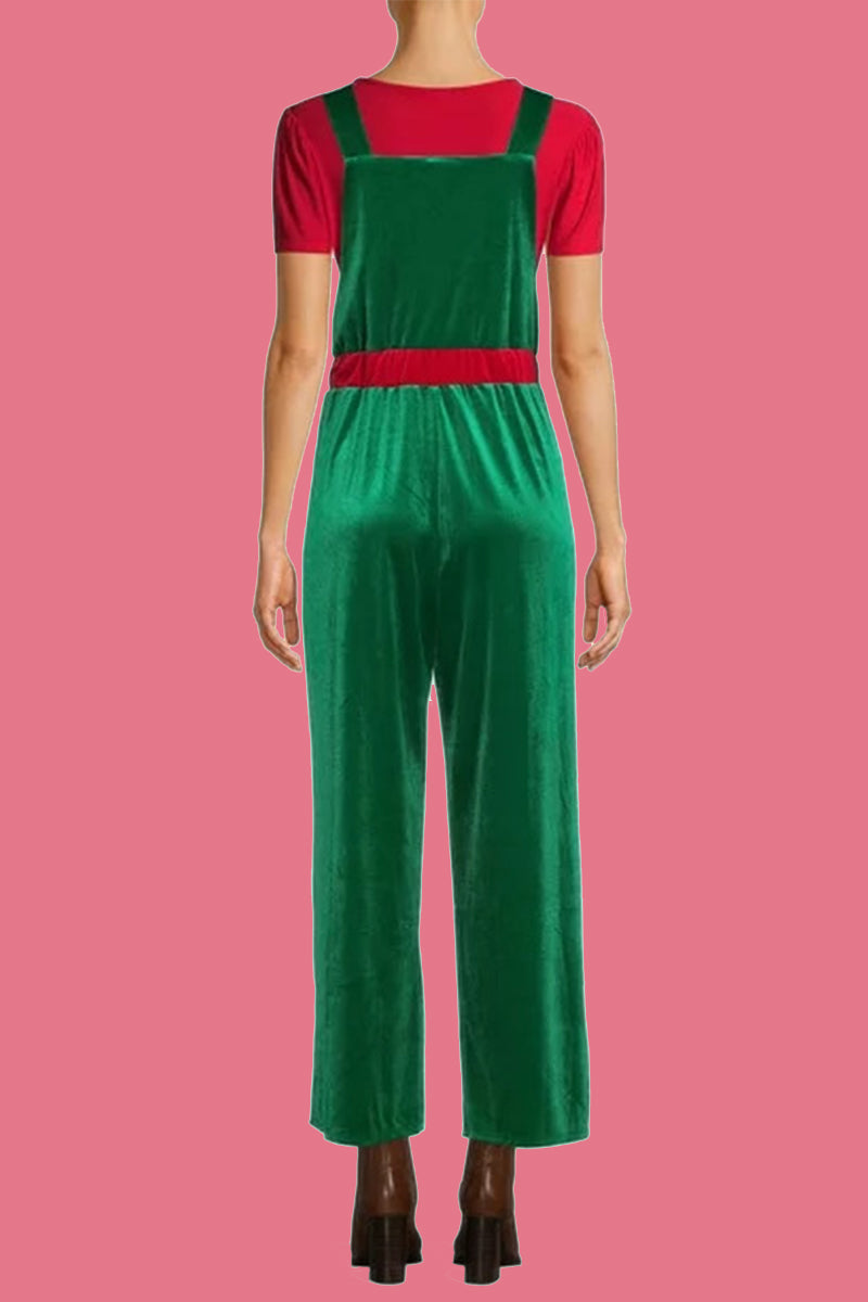 Velina Moda | Casual Wapiti Snowflake Christmas Tree Printed Patchwork Square Collar Loose Overalls