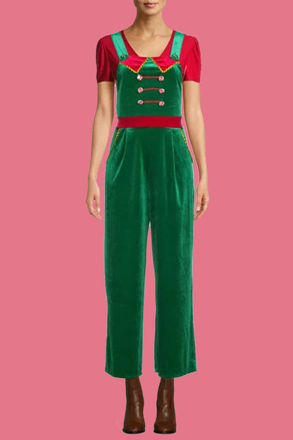 Velina Moda | Casual Wapiti Snowflake Christmas Tree Printed Patchwork Square Collar Loose Overalls