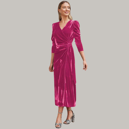 Long midi wrap dress in velvet with puff sleeves