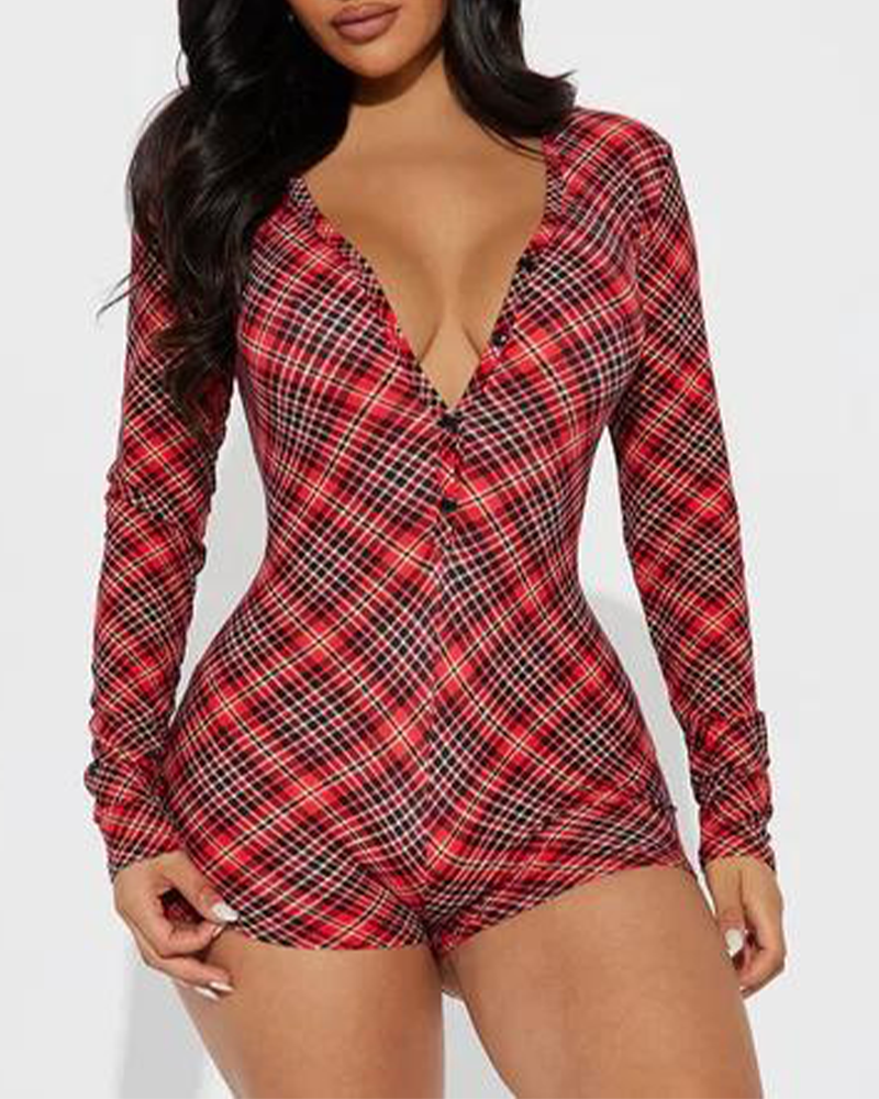 Velina Moda | Christmas Check Pattern V Neck Long Sleeve Jumpsuit Shorts