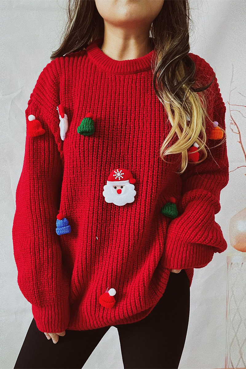 Velina Moda | Casual Santa Christmas Tree Patchwork Weave Round Neck Sweater