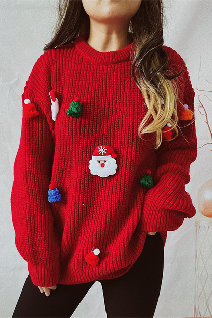 Velina Moda | Casual Santa Christmas Tree Patchwork Weave Round Neck Sweater