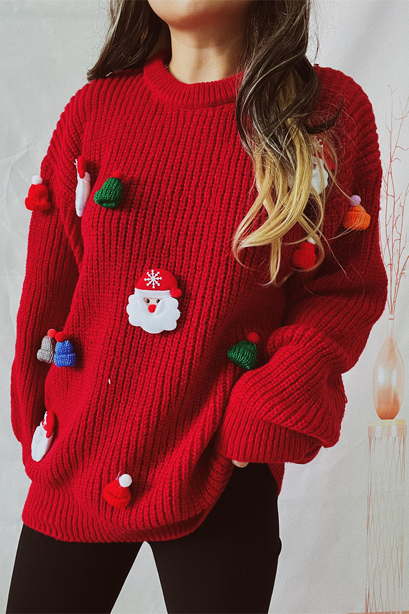 Velina Moda | Casual Santa Christmas Tree Patchwork Weave Round Neck Sweater