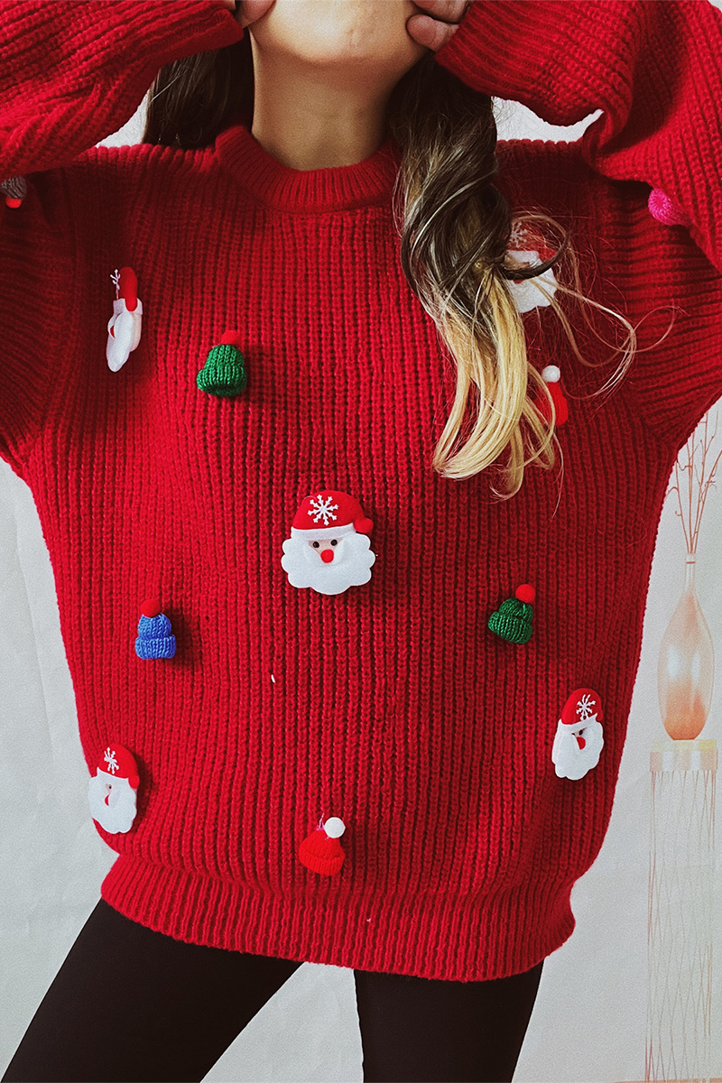 Velina Moda | Casual Santa Christmas Tree Patchwork Weave Round Neck Sweater