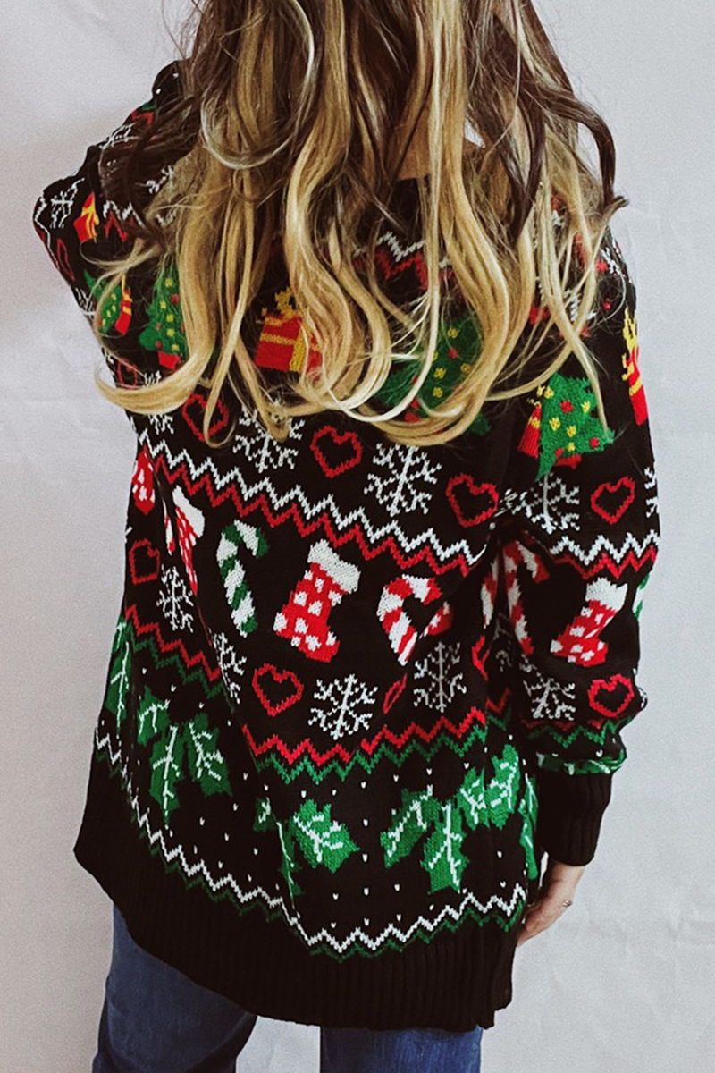 Velina Moda | Casual Snowflake Christmas Tree Buttons Fabric Contrast V-Neck Outerwear